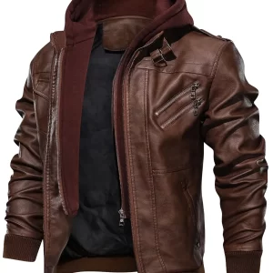 Zoha’s  Men’s Faux Leather Jacket Retro Zip-UP Stand Collar Motorcycle Bomber Jackets with Removable Hood