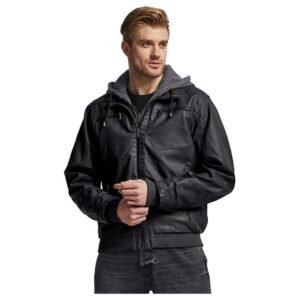 Zoha’s Men’s Spring Motorcycle Leather Jacket with Hood Bomber Coat Black(Moderate)Size M