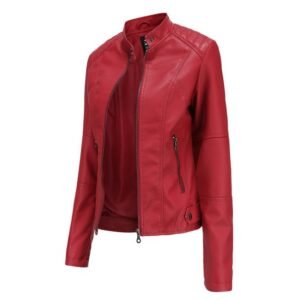 The zoha New Women Slim Leather Stand-Up Collar Zipper Stitching Solid Color Jacket